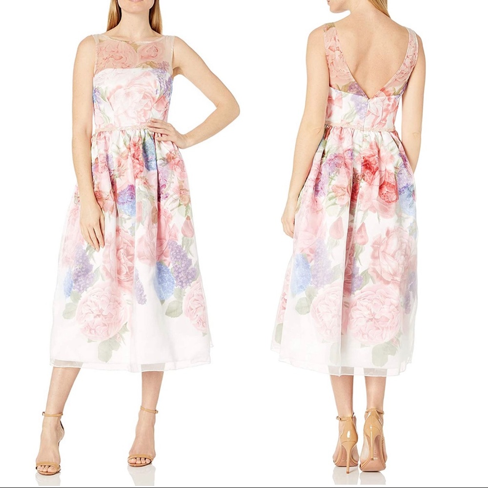NWT! Carmen Marc Valvo Floral Tea Length Dress 💐 Watercolor Pastel Flowers NEW